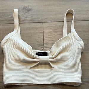 Quzu Women’s Cream Ribbed Bow Front Crop Top No Size Tag Best for XS